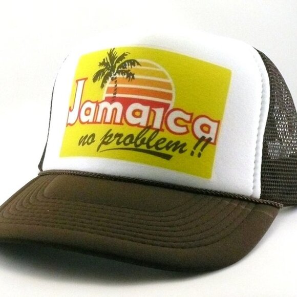 Handmade Accessories - Jamaica "No Problem" Trucker Hat - Brown Mesh Snapback - New Vintage Style Cap